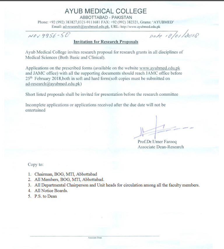 Invitation for Research Proposals – Ayub Medical College, Abbottabad.