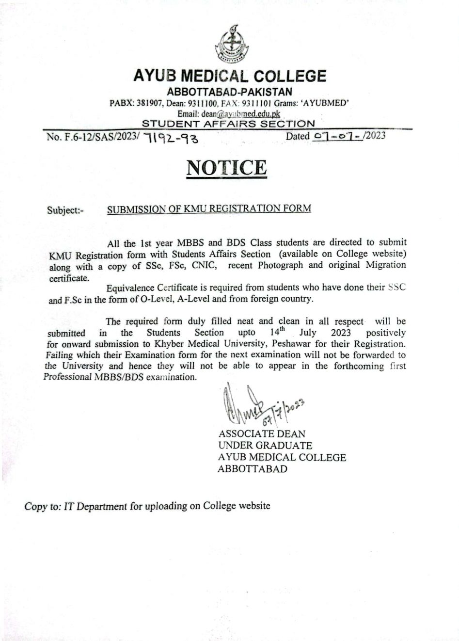 Notice Board – Ayub Medical College, Abbottabad.